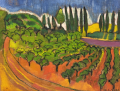 Chemin rouge et oliviers