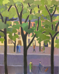 Arbres et rue avec passants