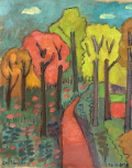 Chemin rouge dans les arbres